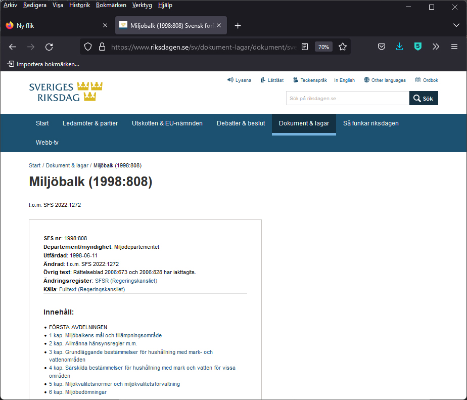 Skärmbild från Sveriges Riksdags hemsida, Miljöbalken 1998:808